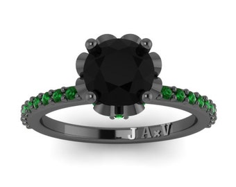 Black Diamond Green Emerald Engagement Ring Flower Engagement 14K Black Gold Wedding Ring with 1.15ct Round Black Diamond Valentines - V1006