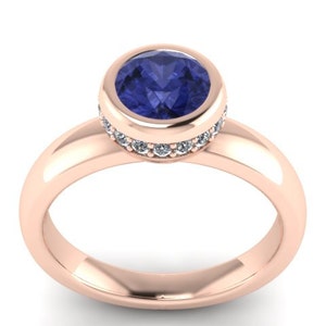 Blue Sapphire Engagement Ring Diamond Wedding Ring 14k Rose Gold Engagement Ring Valentine&#39;s Gift Unique Fine Jewelry Gemstone rings - V1139