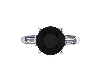 Three-Stone Diamond Moissanite Engagement Ring 14K White Gold with 8mm Round Black Diamond Center and Two Baguette Moissanite Stones - V1068