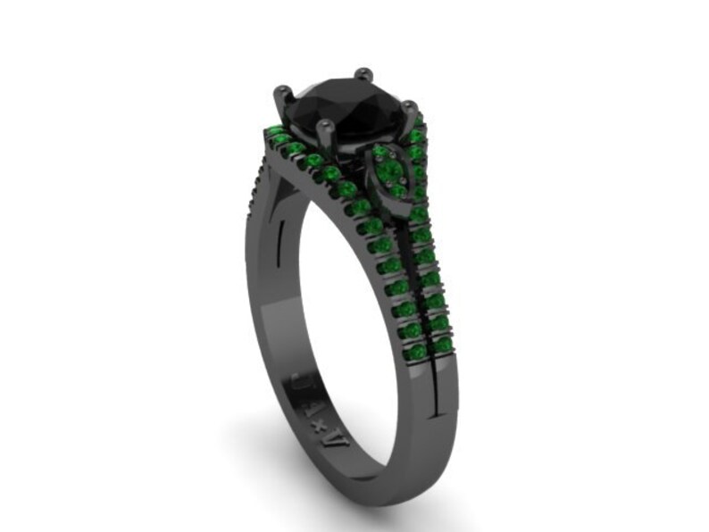 Green Emerald Engagement Ring 14K Black Gold Diamond Wedding Etsy
