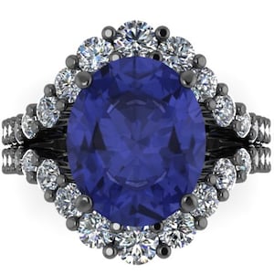 Blue Sapphire Engagement Ring 14K Black Gold Oval Sapphire Center Natural White Diamond Ring Custom Jewelry Gifts For Her Celebrity - V1146