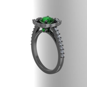 Diamond Flower Engagement Ring Green Emerald Engagement Ring 14K Black Gold with 6.5mm Emeralde Center Fine Jewelry Holiday Gifts V1078 image 4