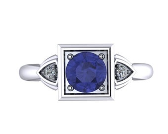 New Design! Modernaized Vintage Engagement Ring With Blue Sapphire Center and 2 Genuine White Diamonds In 14k White Gold Bridal Rings -V1169