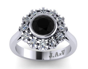 Black Diamond Engagement Ring Victorian Engagement Ring Vintage Engagement 14K White Gold Wedding Ring Unique Proposal Rings Bridal - V1105