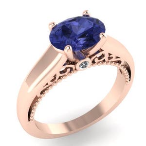 Oval azul zafiro 14k oro rosa anillo de compromiso anillo de diamantes compromiso único joya filigrana zafiro compromiso anillo de compromiso -V1160