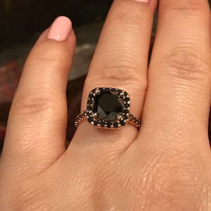 Halo Black Diamond Engagement Ring Wedding Ring 14K Rose Gold with 8mm Round Genuine Black Diamond Center Unique Engagement Ring - V1090