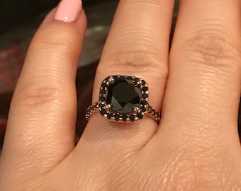 Halo Black Diamond Engagement Ring Wedding Ring 14K Rose Gold with 8mm Round Genuine Black Diamond Center Unique Engagement Ring - V1090