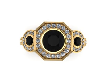 Art Deco Engagement Ring Natural Black Diamond Center White Diamonds Vintage  Three Stone Ring 14K Yellow Gold Fine Jewelry Gemstones -V1111