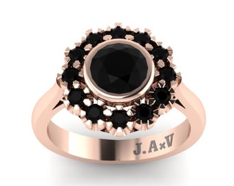 Victorian Engagement Ring Diamond Vintage Engagement 14K Rose Gold Wedding Ring with 6mm Round Black Genuine Diamond Bridal Unique - V1105