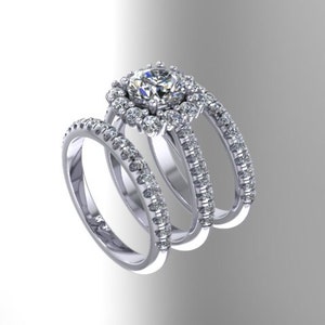 Diamond Halo Engagement Ring Forever One Moissanite Engagement with Two Genuine Diamond Matching Bands 14K White Gold Bridal Set - V1071