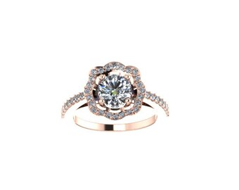 Flower Diamond Engagement Ring F1 Moissonite Engagement Ring 14K Rose Gold with 6.5mm Moissanite Center Floral Bridal Fine Jewelry- V1078