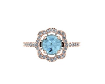 Anillo de compromiso de aguamarina de flores oro rosado 14K con 6,5 mm azul claro aguamarina centro flor anillo de compromiso piedra preciosa compromiso - V1078