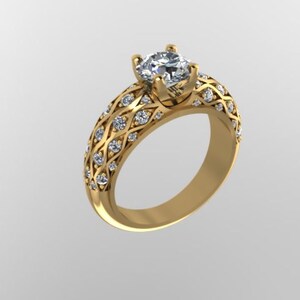 May include: A gold ring with a large, clear diamond in the center. The band is decorated with smaller diamonds set in a delicate, intricate pattern.