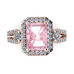 Peachy Pink Morganite Engagement Ring Diamond Halo Emerald Cut Morganite Ring Stone Custom Engagement Ring Gemstone Engagemetn - V1091