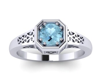 Anillo de compromiso edwardiano aguamarina 14K oro blanco anillo vintage con 5mm aquamarine centro joyería fina marzo Birthstone Compromiso - V1118