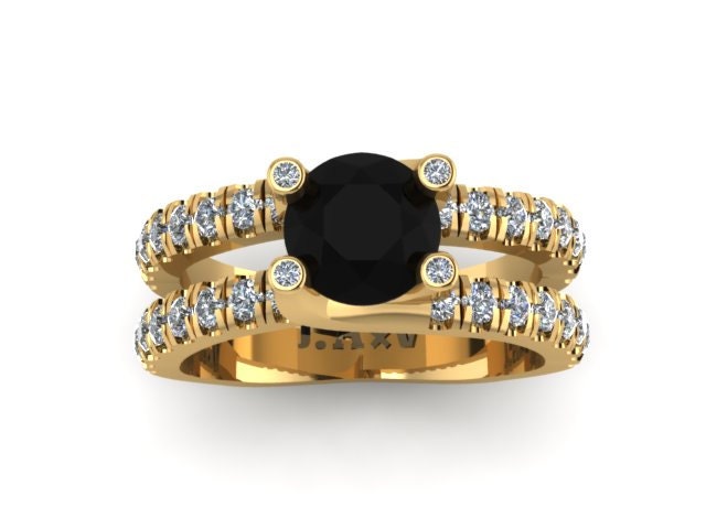 Black Diamond Double Band Engagement Ring 14K Yellow Gold Fine | Etsy