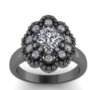 Black Gold Engagement Ring With Forever One Moissanite Center Diamond Wedding Ring 14k White Gold Bridal Ring Flower Proposal Ring -V1141