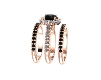 Black White Diamond Halo Engagement Ring w/ Two Matching Bands 14K Rose Gold with 6.5mm Round Black Diamond Center Unique Bridal Set - V1071