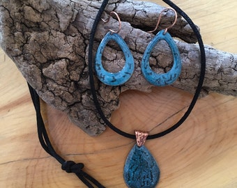 Teal colored copper enameled necklace and earrings