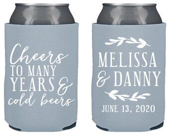 Custom Can Cooler Engagement Party Huggie Coolie Here/'s To Many Years /& Cold Beers Shower Gift Personalized Wedding Favor Party