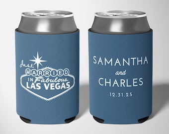 Just Married in Vegas - Vegas Wedding, Custom Wedding Can Coolers, Wedding Favors, Beer Holder, Vegas Wedding, Beer Cooler