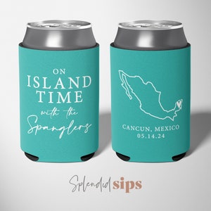 On Island Time - Destination Wedding, Custom Wedding Can Coolers, Wedding Favors, Beverage Insulators, Beer Holder, Beer Cooler