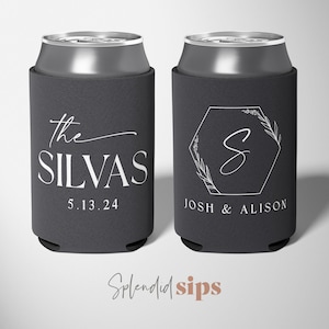 Last Name and Wreath - Custom Wedding Can Coolers, Wedding Favors, Beverage Insulators, Beer Holder, Beer Cooler, Beer Huggie