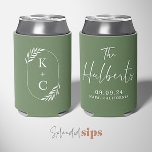 Initials + Wreath - Custom Wedding Can Coolers, Wedding Favors, Beverage Insulators, Beer Holder, Beer Cooler, Custom Cooler