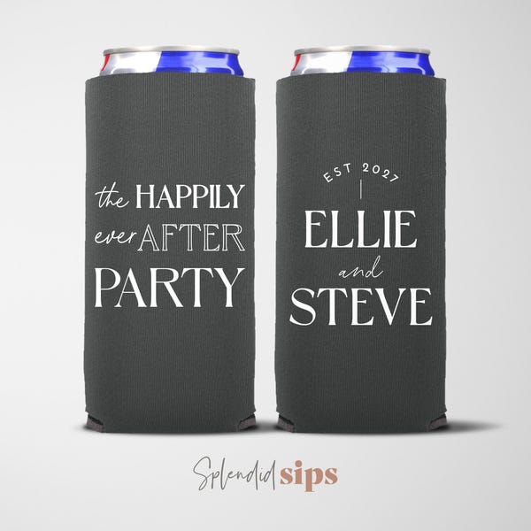 Custom Slim Can Coolers, Personalized Seltzer Cooler, Wedding Favors - Happily Ever After Party