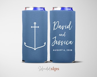 Nautical Custom Slim Can Coolers, Personalized Seltzer Cooler, Wedding Favors - Anchor