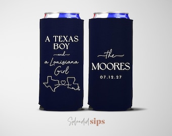 Custom Slim Can Coolers, Personalized Seltzer Cooler, Wedding Favors - Two State Couple