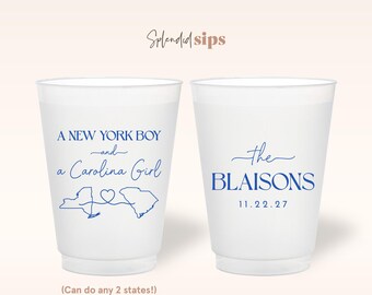 Custom Wedding Frosted Cups - Personalized for Weddings, Showers and Parties - Two State Couple