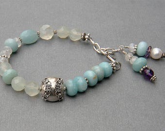 A-1 Iridescent Moonstone, Amethyst Spectrolite, Pearl & Silver Bracelet