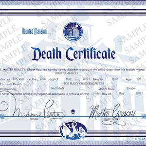 Certidão de óbito da mansão assombrada da Disneylândia para download - arquivo digital