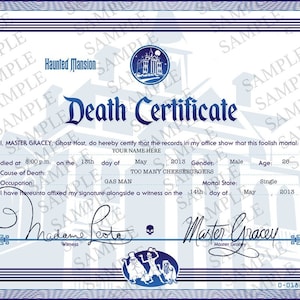 Downloadable Disneyland Haunted Mansion Death Certificate - Digital File