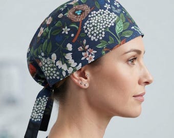 Cotton Euro Scrub Cap, Silk Lined, No Elastic, Tie Back Medical Scrub Hat, option Ear Saver Natural Coconut Shell Buttons