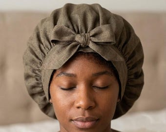 Linen hair bonnet, Organic European Flax Linen, Adjustable, Reversible, Elastic-Free, Enzyme Washed & OEKO-TEX Certified, USA Made