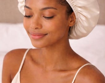 Organic Cotton Sateen Sleep Bonnet | Undyed Eco-Friendly Night Cap for Hair Protection, Adjustable Silicone Toggle & Encased Elastic