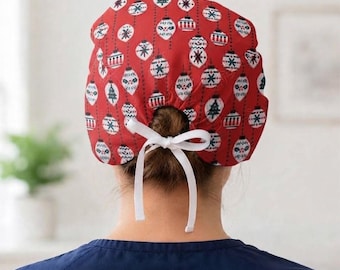 Christmas Organic Cotton Bouffant Scrub Cap with Ties, Elastic Free Surgical Hat, Long Hair