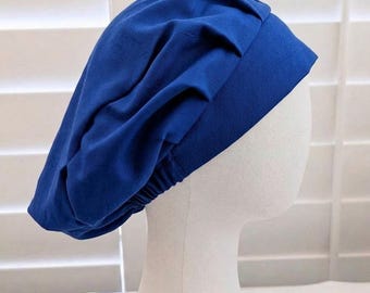 Organic Cotton Scrub Cap Bouffant Style, Premium GOTS Sateen Surgical Hat with Buttons Option, Soft Eco Friendly OR Nurse Cap for Long Hair