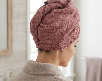 Organic French Terry Hair Towel Wrap | USA Made Fabric Hair Turban | Lightweight Anti Frizz Wet Hair Wrap with Wood Button & Elastic