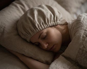 Organic Linen Sleep Bonnet, Undyed European Flax Hair Cap, OEKO-TEX Certified Silk Alternative, Adjustable Night Cap for Curls, Made in USA