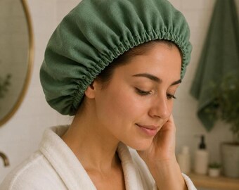 Organic Linen Hair Towel Cap | 100% European Flax Linen & Cotton Jersey Lining | Anti-Frizz Hair Wrap