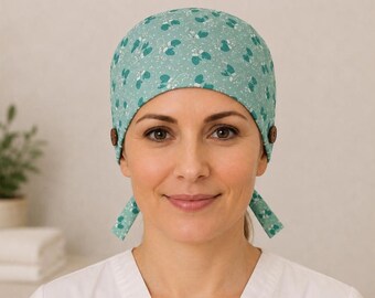 Christmas Scrub Cap, Organic Cotton, Euro Scrub Cap, medical hair cap, USA Made, option Ear Saver Natural Coconut Shell Buttons