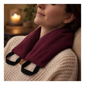May include: A burgundy neck wrap with black straps rests on a person's shoulders. The wrap is made of a soft, textured material. The person is wearing a cream-colored sweater. A lit candle and greenery are visible in the background.
