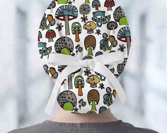 Organic Cotton Scrub Cap, Bouffant Surgical Cap for Long Hair, Medical Scrub Bonnet with Buttons, Nurse Hat, Tie Back Hair Cover