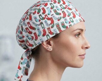 Christmas Scrub Cap | Organic Cotton & Silk Lined | Euro Style Tie Back Surgical Hat | No Elastic With Optional Coconut Buttons