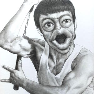 Original Zeichnung auf Papier, Figur mit Froschgesicht.