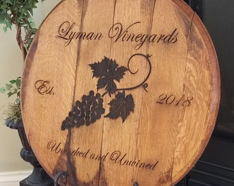 Personalized Winery, Grapes - Bourbon Barrel Head - Great Gift.