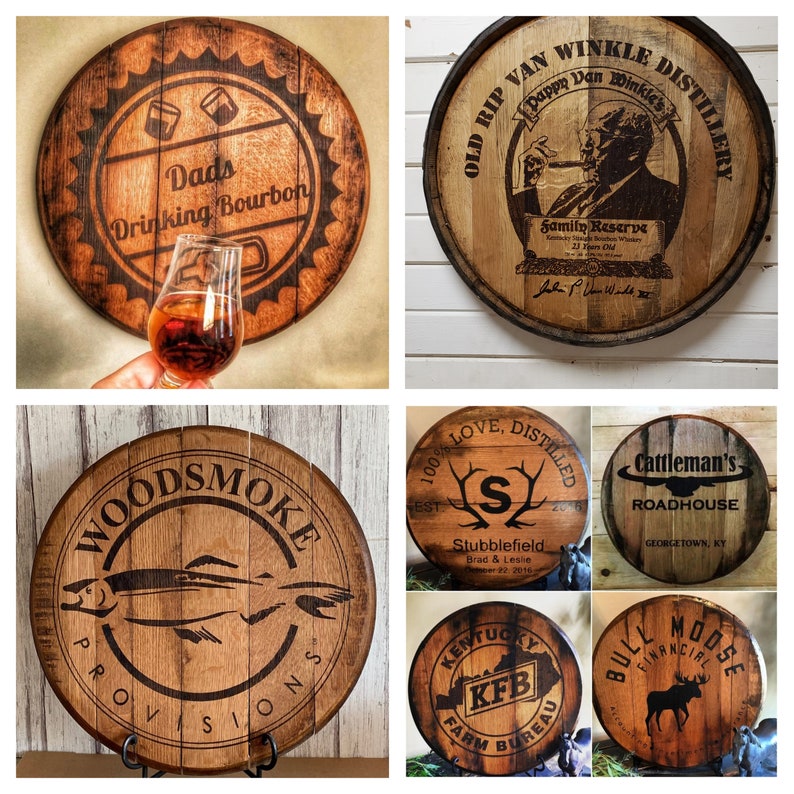 Custom bourbon whiskey barrel head lid - shops laser engraved logo